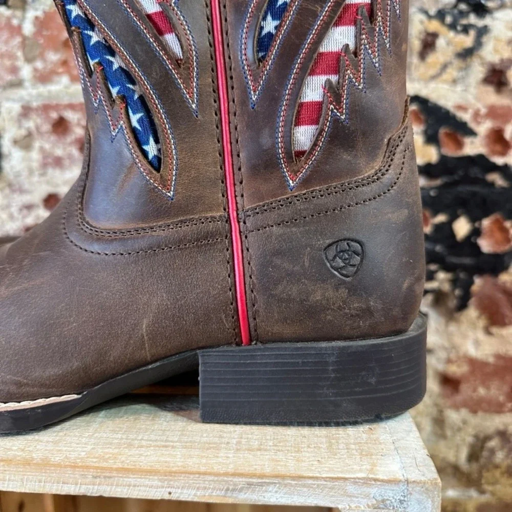 Ariat Sport Patriot Brown Leather American Flag Western Boots US 5 Boys Youth